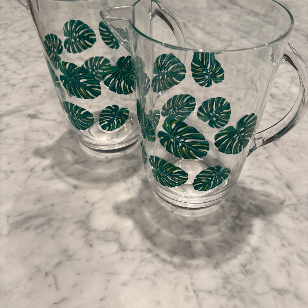 Martha Stewart Clear  Pitcher with Green Monstera Leaf Pattern NWT set of 2